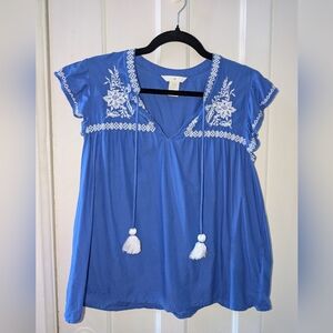 H&M Royal Blue Embroidered Tassel Peasant Tunic